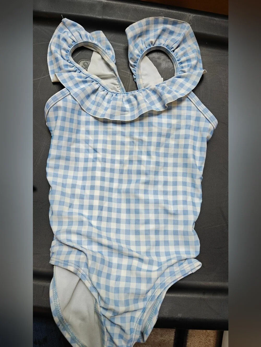 Girls' Light Blue Gingham Ruffle One-Piece Swimsuit
